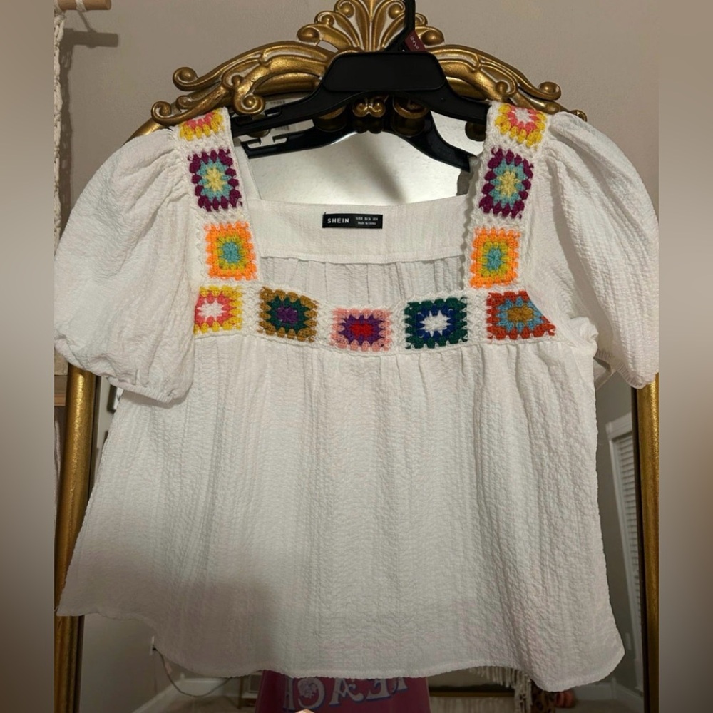 SHEIN White Blouse with Colorful Crochet Accents